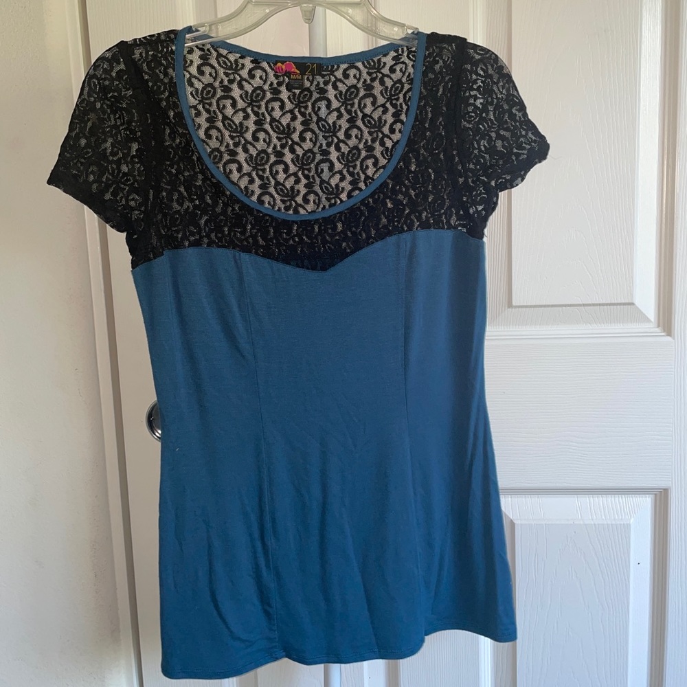NWOT F21 lace sweetheart neckline top - teal and black; size: Medium
